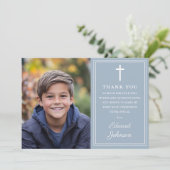 Dusty Blue Modern Photo First Holy Communion Bedankkaart (Staand voorkant)