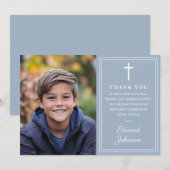 Dusty Blue Modern Photo First Holy Communion Bedankkaart (Voorkant / Achterkant)