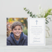 Dusty Blue Modern Photo First Holy Communion Bedankkaart (Staand voorkant)