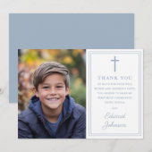Dusty Blue Modern Photo First Holy Communion Bedankkaart (Voorkant / Achterkant)