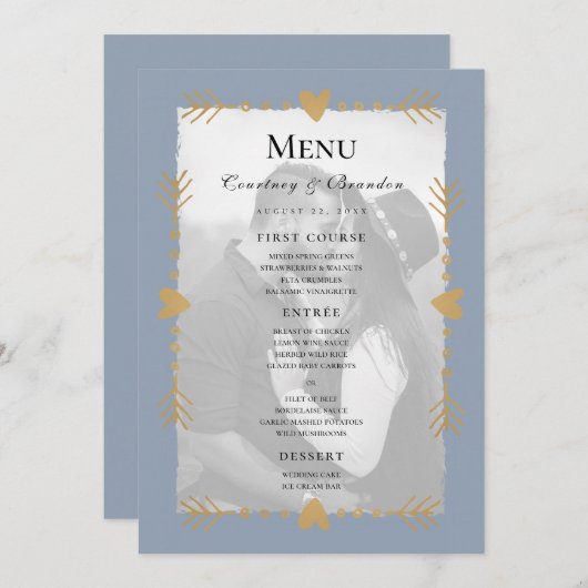 Dusty Blue Modern Photo Gold Hearts Wedding Menu (Voorkant / Achterkant)