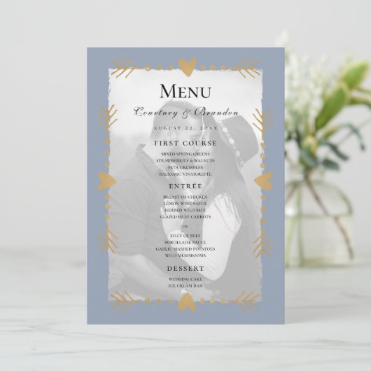 Dusty Blue Modern Photo Gold Hearts Wedding Menu (Staand voorkant)