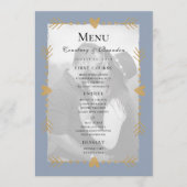Dusty Blue Modern Photo Gold Hearts Wedding Menu (Voorkant)