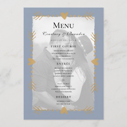Dusty Blue Modern Photo Gold Hearts Wedding Menu (Voorkant)