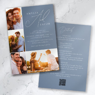 Dusty Blue Modern Photo QR Code All in One Wedding Kaart
