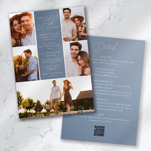 Dusty Blue Modern Photo QR Code All in One Wedding Kaart
