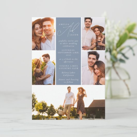 Dusty Blue Modern Photo QR Code All in One Wedding Kaart (Staand voorkant)