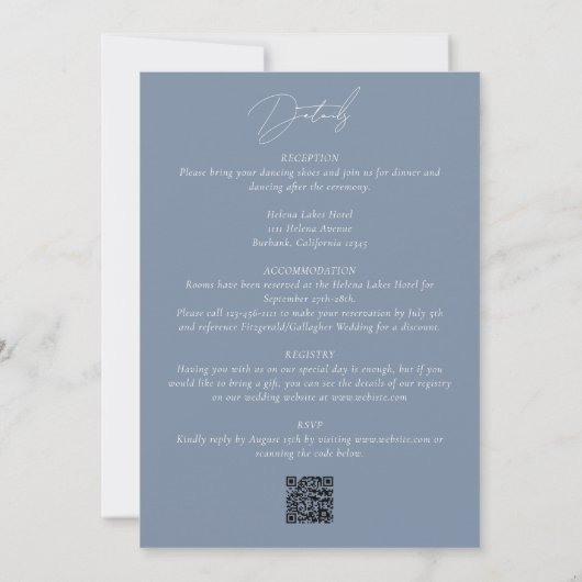 Dusty Blue Modern Photo QR Code All in One Wedding Kaart (Achterkant)