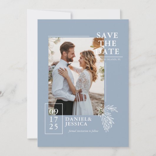 Dusty Blue Modern Photo Wedding Save the Date (Voorkant)