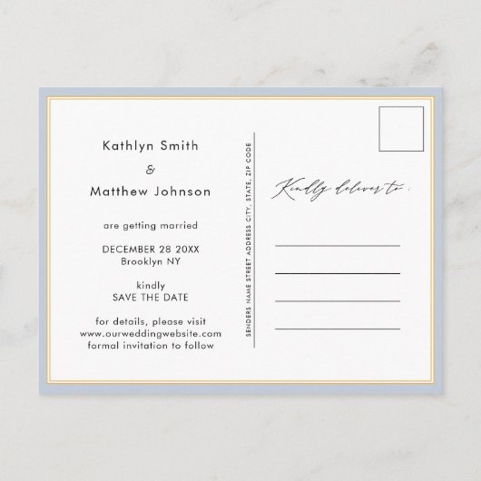 Dusty Blue Modern Photo Wedding Save the Date Aankondigingskaart (Achterkant)