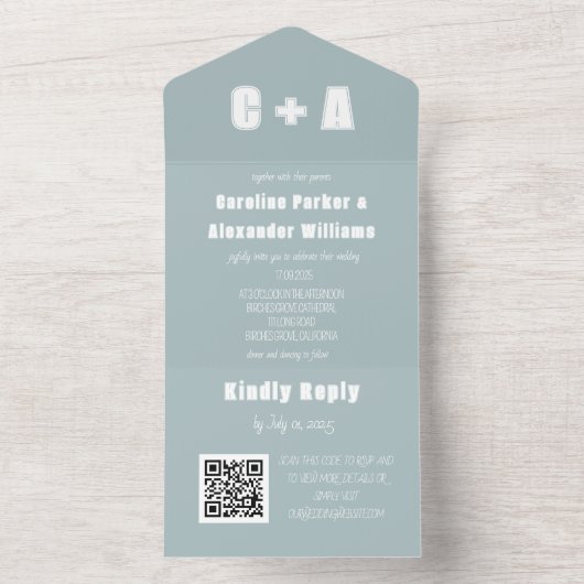 Dusty Blue Modern QR Code Bold Elegant All In One Uitnodiging (Binnen)