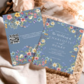 Dusty Blue Modern QR Code Wildflower Wedding Kaart