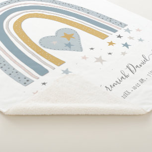 Dusty Blue Modern Rainbow Birth Stats Boy Baby Sherpa Deken