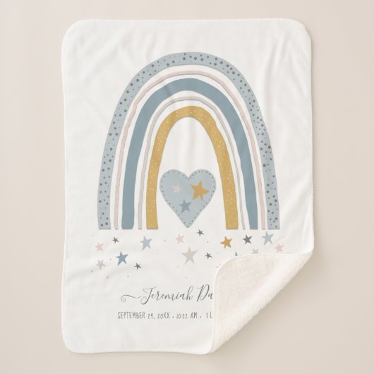 Dusty Blue Modern Rainbow Birth Stats Boy Baby Sherpa Deken (Voorkant)
