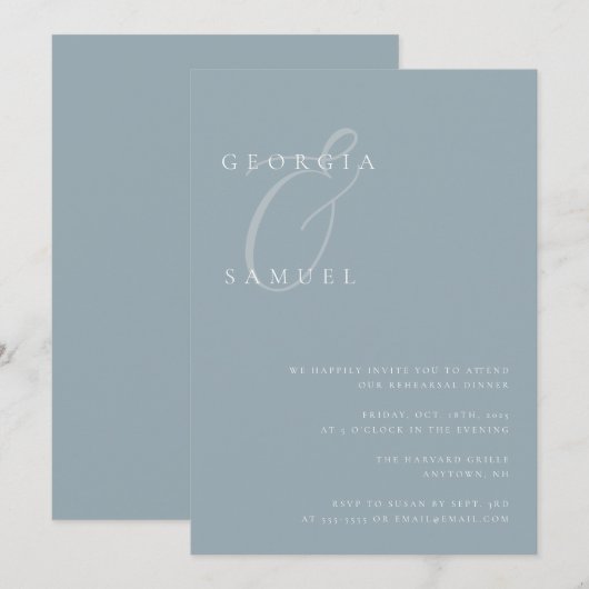 Dusty Blue Modern Rehearsal Dinner Invitation Kaart (Voorkant / Achterkant)