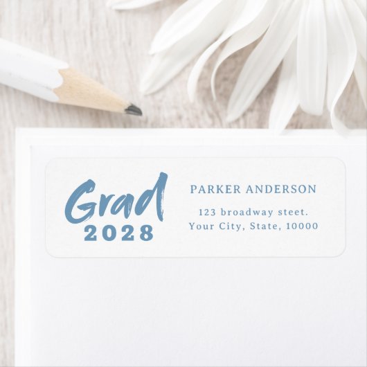 Dusty Blue Modern Script Afstuderen Retouradres Etiket (Insitu)