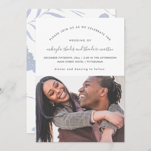 Dusty Blue Modern Script Botanische foto bruiloft Kaart (Voorkant / Achterkant)