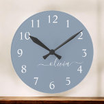 Dusty Blue Modern Script Elegant Monogram Naam Ronde Klok<br><div class="desc">Dusty Blue Simple Script Monogram Name Clock. This makes the perfect sweet 16 birthday,  wedding,  bridal shower,  verjaarary,  baby shower or bachelorette party gift for someone that loves glam luxury and chic styles.</div>