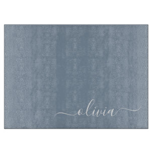 Dusty Blue Modern Script Elegant Monogram Naam Snijplank