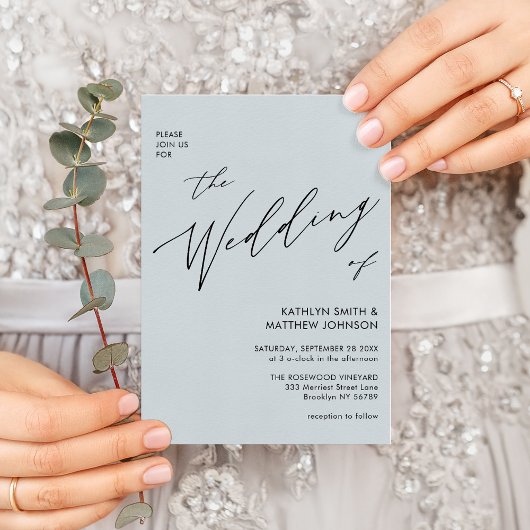 Dusty Blue Modern script in één simpele bruiloft Kaart