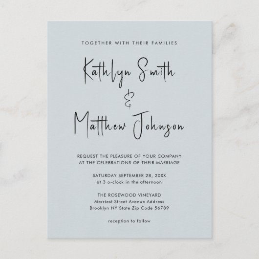 Dusty Blue Modern script in één simpele bruiloft Uitnodiging Briefkaart (Voorkant)