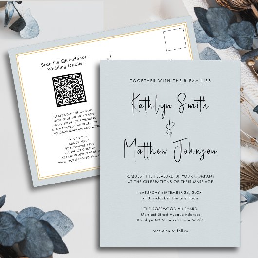 Dusty Blue Modern script in één simpele bruiloft Uitnodiging Briefkaart