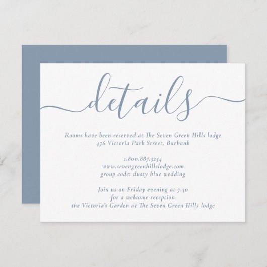 Dusty Blue Modern Script Wedding Informatiekaartje (Voorkant / Achterkant)