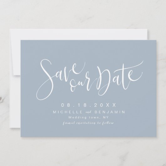 Dusty Blue Modern Simple Script Save the Date (Voorkant)
