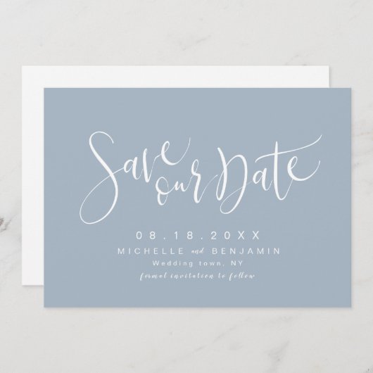 Dusty Blue Modern Simple Script Save the Date (Voorkant / Achterkant)