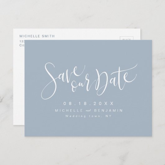Dusty Blue Modern Simple Script Save the Date Aankondigingskaart (Voorkant / Achterkant)