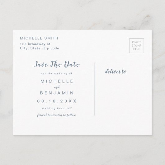Dusty Blue Modern Simple Script Save the Date Aankondigingskaart (Achterkant)