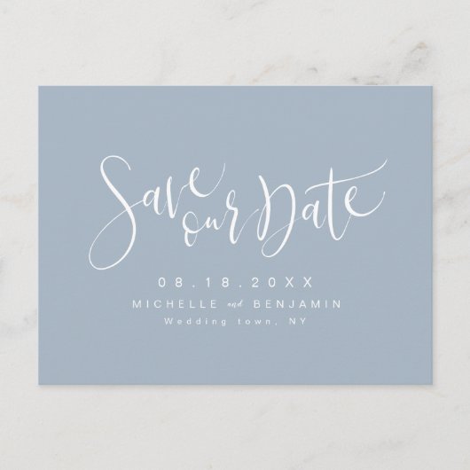 Dusty Blue Modern Simple Script Save the Date Aankondigingskaart (Voorkant)