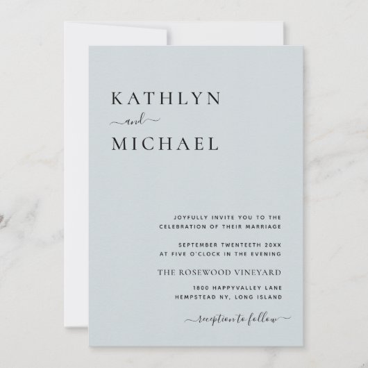 Dusty Blue Modern Typography All-in-One Weddenscha Kaart (Voorkant)