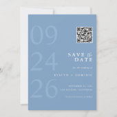 Dusty Blue Modern Typography QR Code Wedding Save The Date (Voorkant)