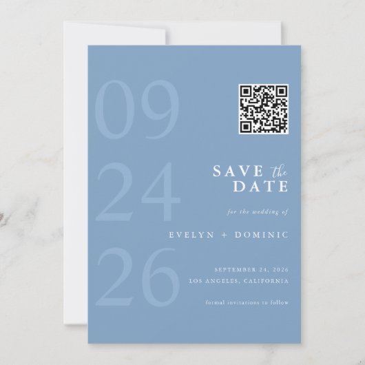 Dusty Blue Modern Typography QR Code Wedding Save The Date (Voorkant)