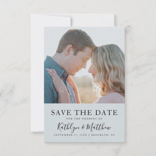 Dusty Blue Modern Typography Simple Photo Wedding Save The Date (Voorkant)