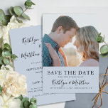 Dusty Blue Modern Typography Simple Photo Wedding Save The Date<br><div class="desc">Dusty Blue Modern Typography Simple Photo Wedding Save the Date Invitation Kaart. Laat je familie, vrienden en collega's weten dat je een datum hebt vastgesteld voor je trouwfeest met deze elegante, stijlvolle en moderne bruiloft, behalve de datum van uitnodiging. Alle teksten zijn vooraf geregeld zodat u zich gemakkelijk en snel...</div>
