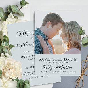 Dusty Blue Modern Typography Simple Photo Wedding Save The Date