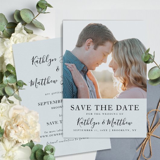 Dusty Blue Modern Typography Simple Photo Wedding Save The Date