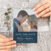 Dusty Blue Modern Typography Simple Photo Wedding Save The Date