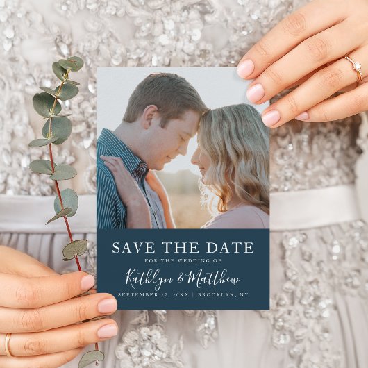 Dusty Blue Modern Typography Simple Photo Wedding Save The Date