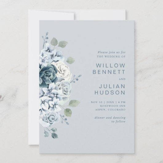 Dusty Blue Modern Waterverf Floral Wedding Kaart (Voorkant)