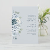 Dusty Blue Modern Waterverf Floral Wedding Kaart (Staand voorkant)