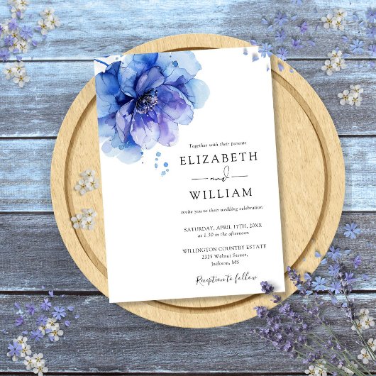 Dusty Blue Modern Waterverf Floral Wedding Kaart