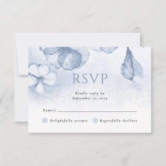 Dusty Blue Modern Waterverf Floral Wedding RSVP Kaartje (Voorkant)