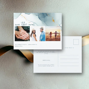 Dusty Blue Modern Wedding 3 foto's Save the Date Briefkaart