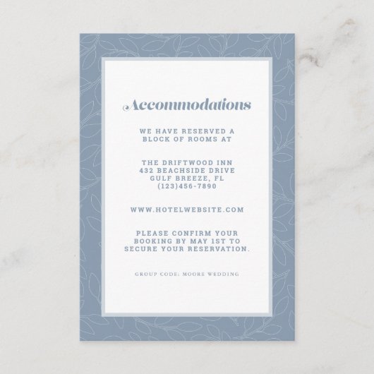 Dusty Blue Modern Wedding Accommodal Detail Informatiekaartje (Voorkant)
