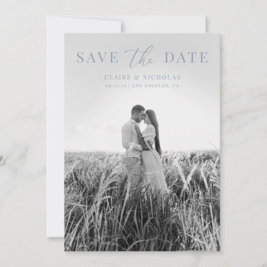 Dusty Blue Moderne Elegante Trouwfoto Save The Date (Voorkant)