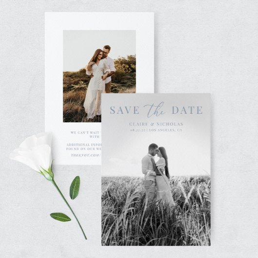 Dusty Blue Moderne Elegante Trouwfoto Save The Date