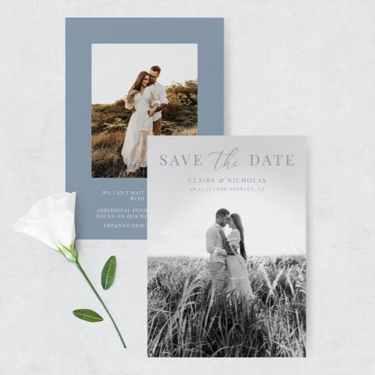 Dusty Blue Moderne Elegante Trouwfoto Save The Date